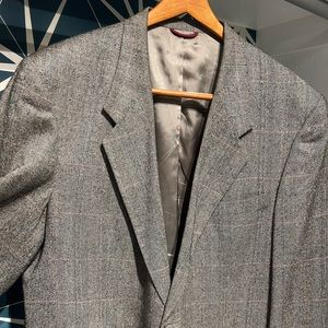 Silk Spots Coat Jacket in taupe plaid with peach and blue pinstripe